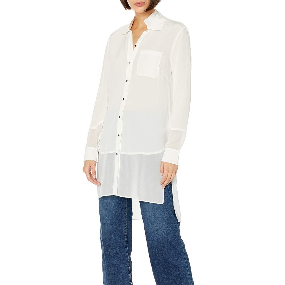 NWT$525 HALSTON Long Sleeve Georgette Insert Silk Shirt Tunic Long Blouse M 8-10